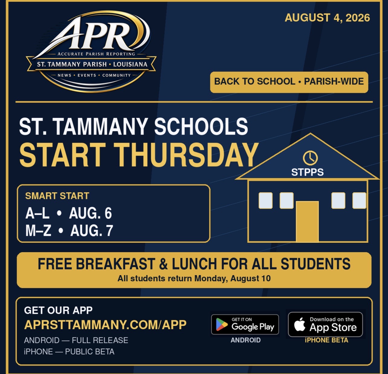 St. Tammany Schools Begin Smart Start Thursday; Free Meals Available to All Students