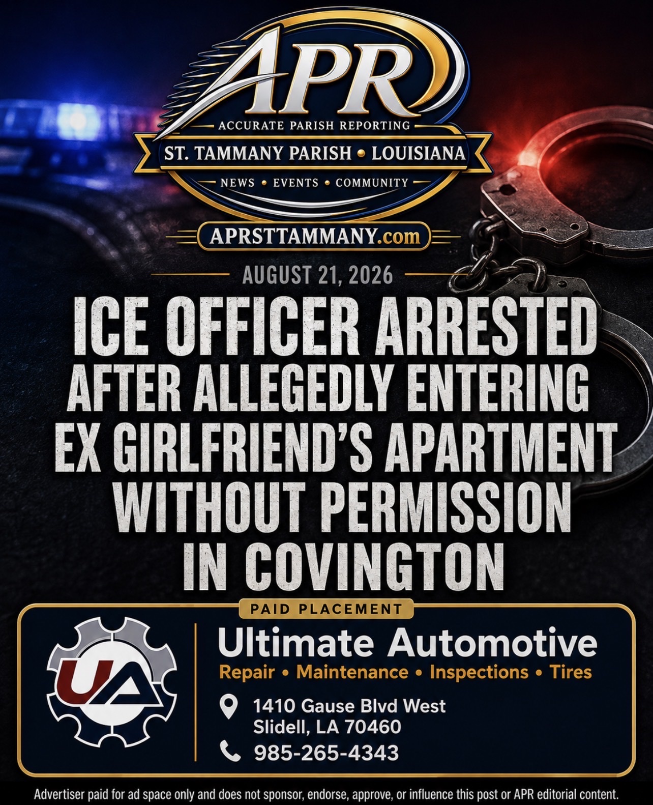 ICE Officer Arrested After Allegedly Entering Ex Girlfriend’s Covington Area Apartment