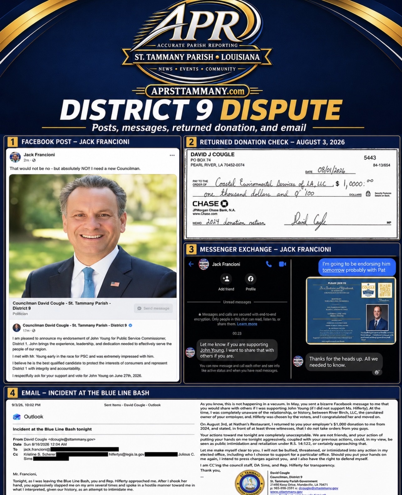 DISTRICT 9 POWER STRUGGLE ERUPTS AFTER COUGLE ENDORSEMENT, RETURNED $1,000 CHECK AND FRANCIONI POSTS