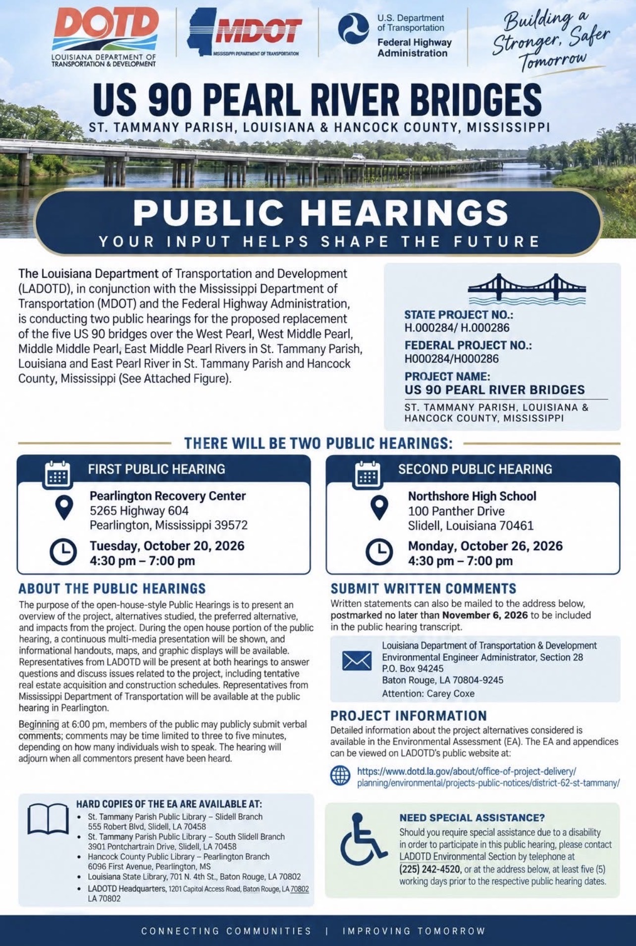 Read report: Hwy 90 BRIDGE UPDATE:
Public Hearings Set For Five U.S. 90 Pearl River Bridge Replacements