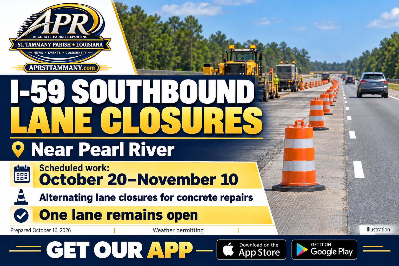 Interstate 59 Southbound Lane Closures Near Pearl River Scheduled October 20 Through November 10